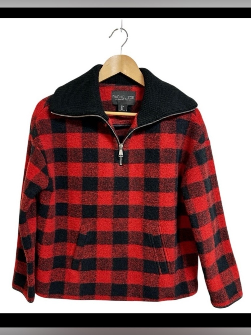 Rachel Zoe Buffalo Plaid Wool Quarter Zip Sherpa Pullover Size S Red & Black